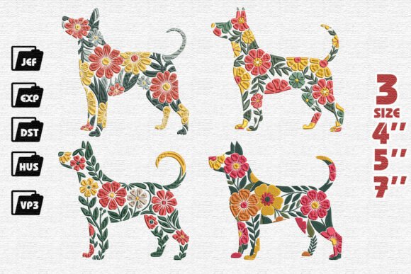 Set 4 Floral Dog Silhouette Embroidery